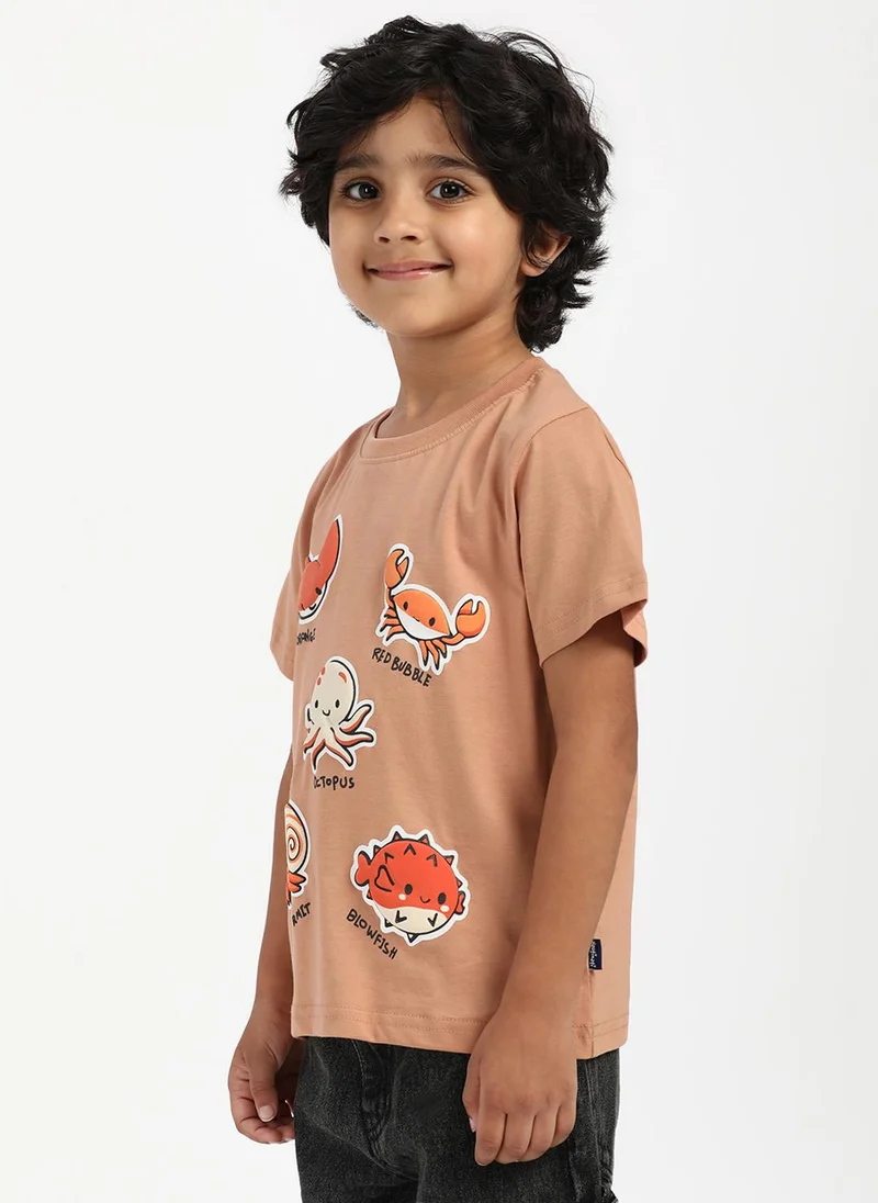 نوتيناتي Nautinati Boys' Cotton Beach Print Rib Collar T-shirt