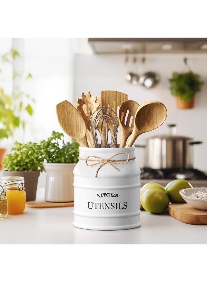 Barnyard Designs Ceramic Utensil Crock Holder For Kitchen Counter Rustic Farmhouse Countertop Decor French Country Organizer For Cooking Utensils Spatulas And Mixing Spoons White 6 X 675 - Image 2