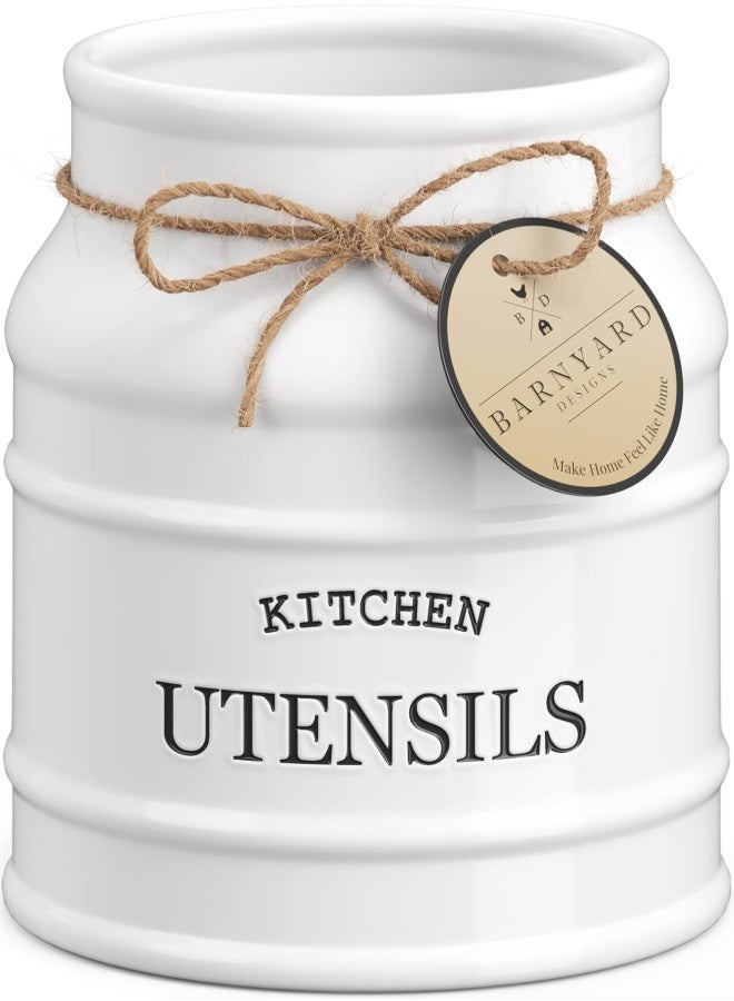 Barnyard Designs Ceramic Utensil Crock Holder For Kitchen Counter Rustic Farmhouse Countertop Decor French Country Organizer For Cooking Utensils Spatulas And Mixing Spoons White 6 X 675 - Image 1