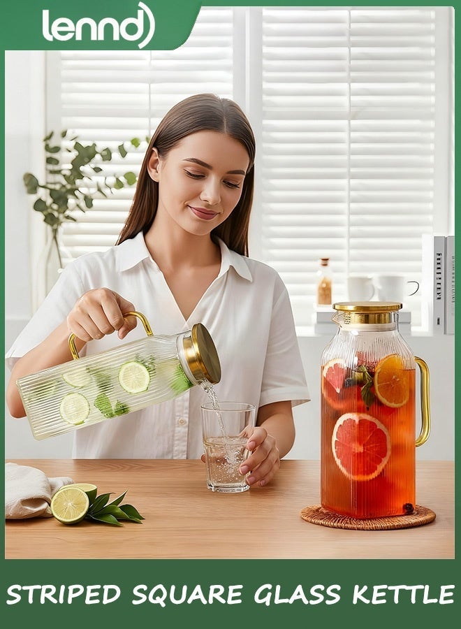LENND Glass Water Bottle with Lid, 68oz/2 Liter Square Stripes Water Bottle, Glass Water Bottle for Cold Brew Coffee, Coffee, Lemonade, Iced Sun Tea, Beverages, Milk, Heat Resistant, 1 Pack - Image 1