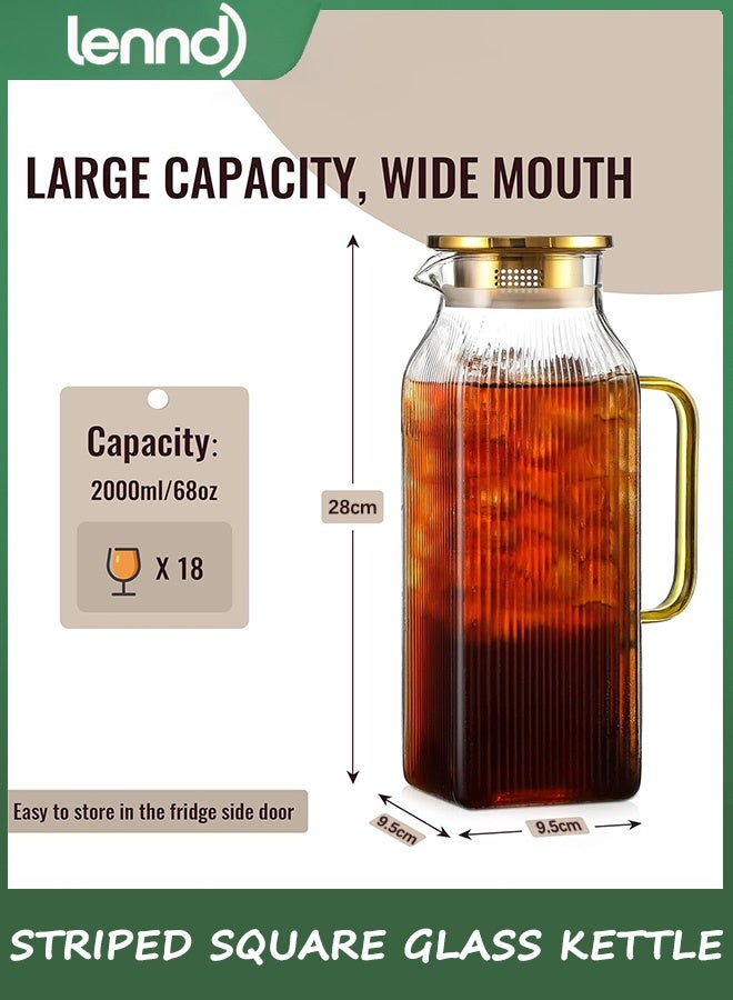 LENND Glass Water Bottle with Lid, 68oz/2 Liter Square Stripes Water Bottle, Glass Water Bottle for Cold Brew Coffee, Coffee, Lemonade, Iced Sun Tea, Beverages, Milk, Heat Resistant, 1 Pack - Image 3