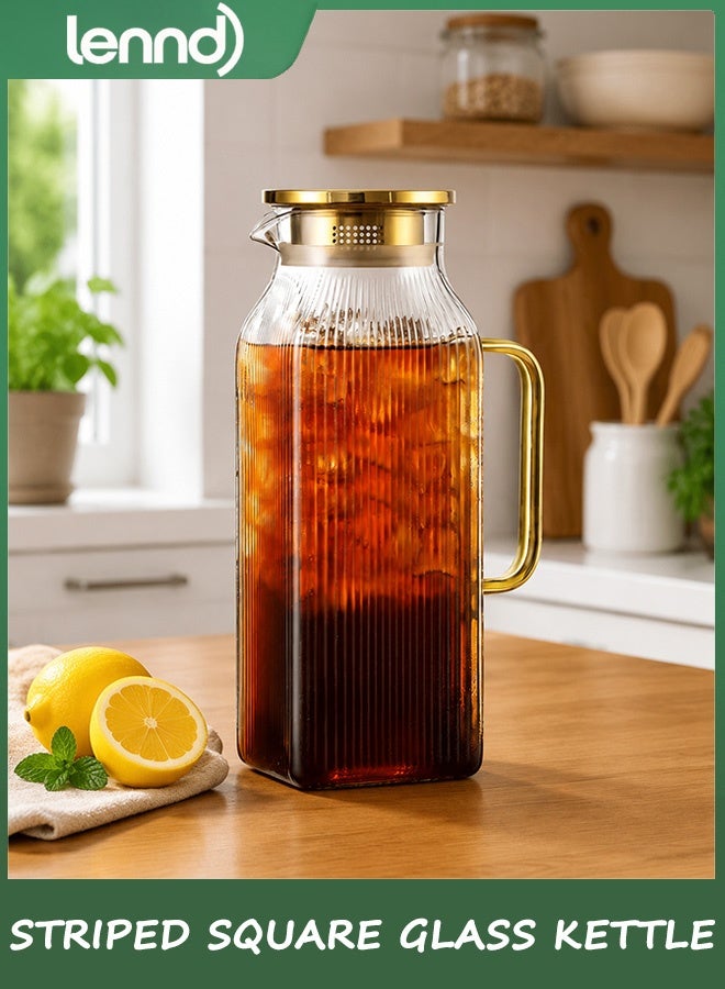 Lennd Striped Square Glass Kettle, 68oz/2 Liter, Heat Resistant Pitcher for Cold Brew Coffee, Lemonade, Iced Tea, Beverages, Milk, 1 Pack - Image 1