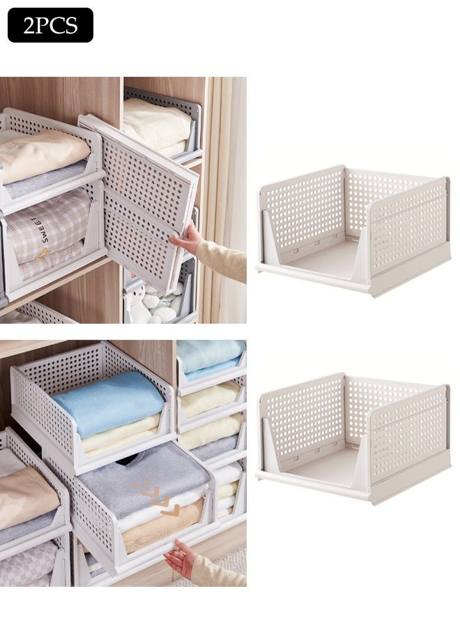 DUNISO سلة تخزين بلاستيكية قابلة للتكديس 2 قطعة، منظم خزانة كبير قابل للطي، منظم خزانة مع فواصل درج قابلة للسحب، سعة تحمل قوية، مناسبة للخزائن، والخزائن، والمطابخ، والحمامات، والمكاتب، 43 * 33.5 * 18.5 سم، أبيض - Image 1