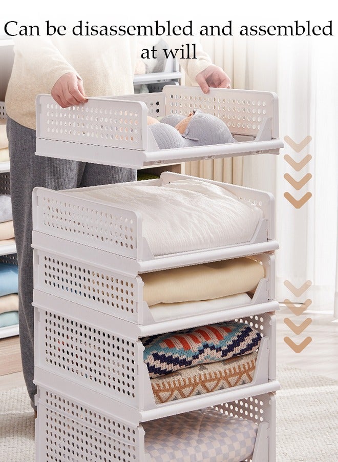 DUNISO سلة تخزين بلاستيكية قابلة للتكديس 2 قطعة، منظم خزانة كبير قابل للطي، منظم خزانة مع فواصل درج قابلة للسحب، سعة تحمل قوية، مناسبة للخزائن، والخزائن، والمطابخ، والحمامات، والمكاتب، 43 * 33.5 * 18.5 سم، أبيض - Image 3