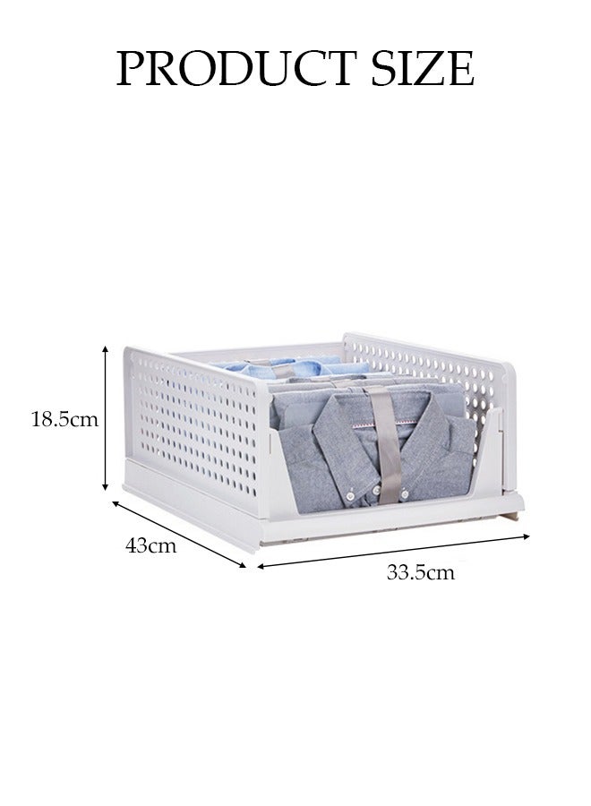 DUNISO سلة تخزين بلاستيكية قابلة للتكديس 2 قطعة، منظم خزانة كبير قابل للطي، منظم خزانة مع فواصل درج قابلة للسحب، سعة تحمل قوية، مناسبة للخزائن، والخزائن، والمطابخ، والحمامات، والمكاتب، 43 * 33.5 * 18.5 سم، أبيض - Image 2