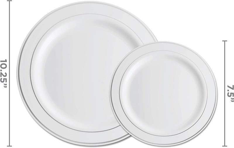 Munfix طقم أدوات مائدة فضية للحفلات مكون من 125 قطعة - 50 طبق بلاستيكي بحافة فضية 25 طبق عشاء 25 طبق حلوى 25 سكين 25 شوكة 25 ملعقة - طقم قابل للتخلص لـ 25 ضيف لحفلات الزفاف وأعياد الميلاد - Image 2