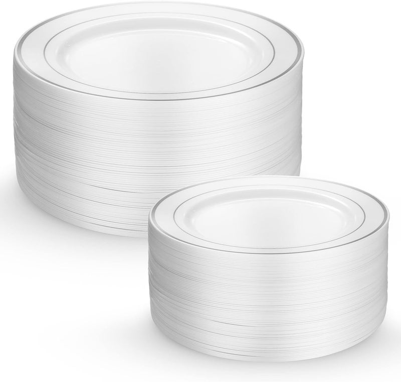 Munfix طقم أدوات مائدة فضية للحفلات مكون من 125 قطعة - 50 طبق بلاستيكي بحافة فضية 25 طبق عشاء 25 طبق حلوى 25 سكين 25 شوكة 25 ملعقة - طقم قابل للتخلص لـ 25 ضيف لحفلات الزفاف وأعياد الميلاد - Image 5