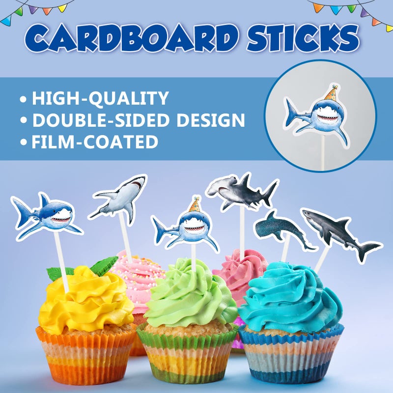 WERNNSAI Shark Cupcake Toppers - 36 PCS Shark Party Cake Toppers for Kids Boys Ocean Shark Themed Party Birthday Shark Cupcake Decorations Baby Shower Beach Party Supplies - Image 3