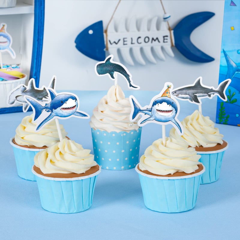 WERNNSAI Shark Cupcake Toppers - 36 PCS Shark Party Cake Toppers for Kids Boys Ocean Shark Themed Party Birthday Shark Cupcake Decorations Baby Shower Beach Party Supplies - Image 2