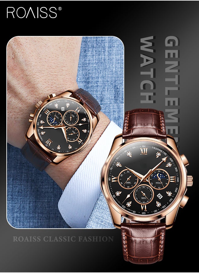 roaiss - Men's Leather Strap Chronograph Quartz Watch Round Black Dial with Moon Phase and Calendar Display Waterproof Luminous Wristwatch as Gift for Men - Image 1