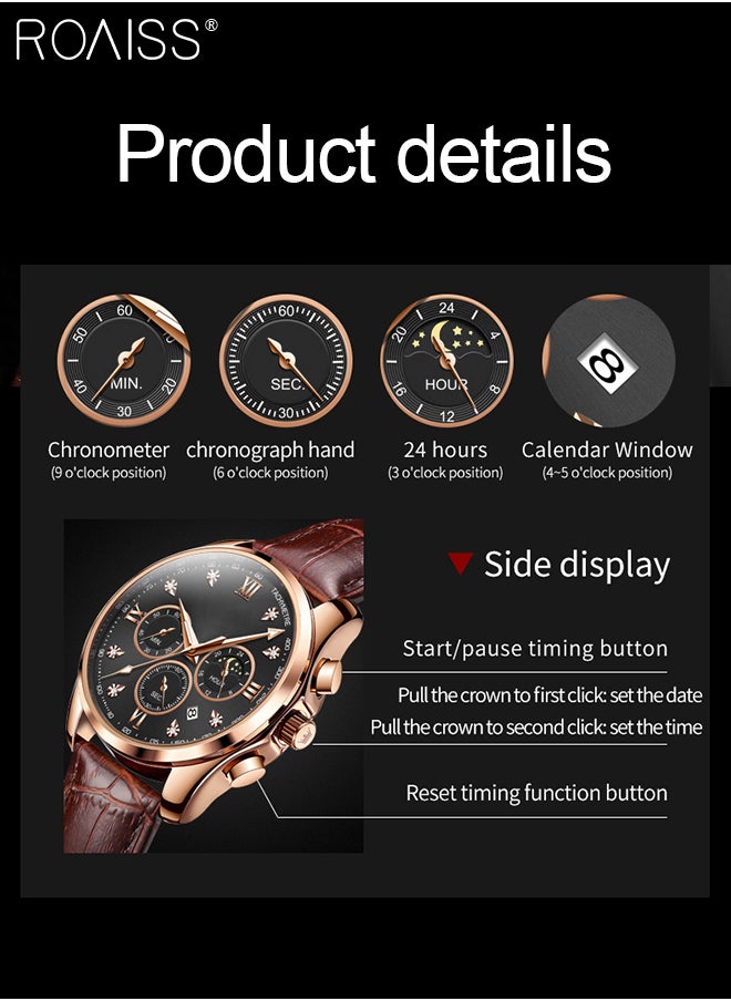 roaiss - Men's Leather Strap Chronograph Quartz Watch Round Black Dial with Moon Phase and Calendar Display Waterproof Luminous Wristwatch as Gift for Men - Image 1