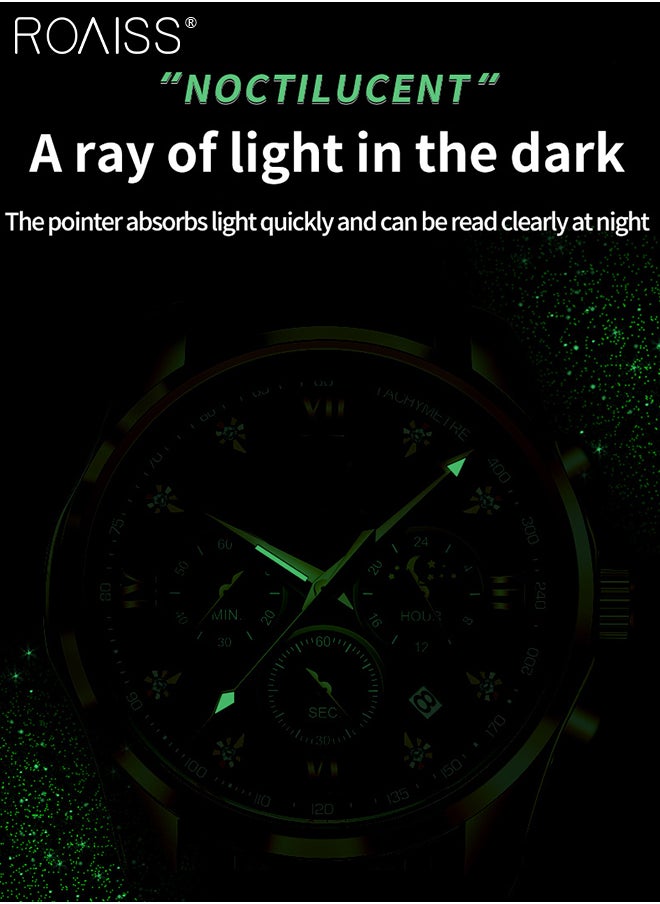 roaiss - Men's Leather Strap Chronograph Quartz Watch Round Black Dial with Moon Phase and Calendar Display Waterproof Luminous Wristwatch as Gift for Men - Image 1