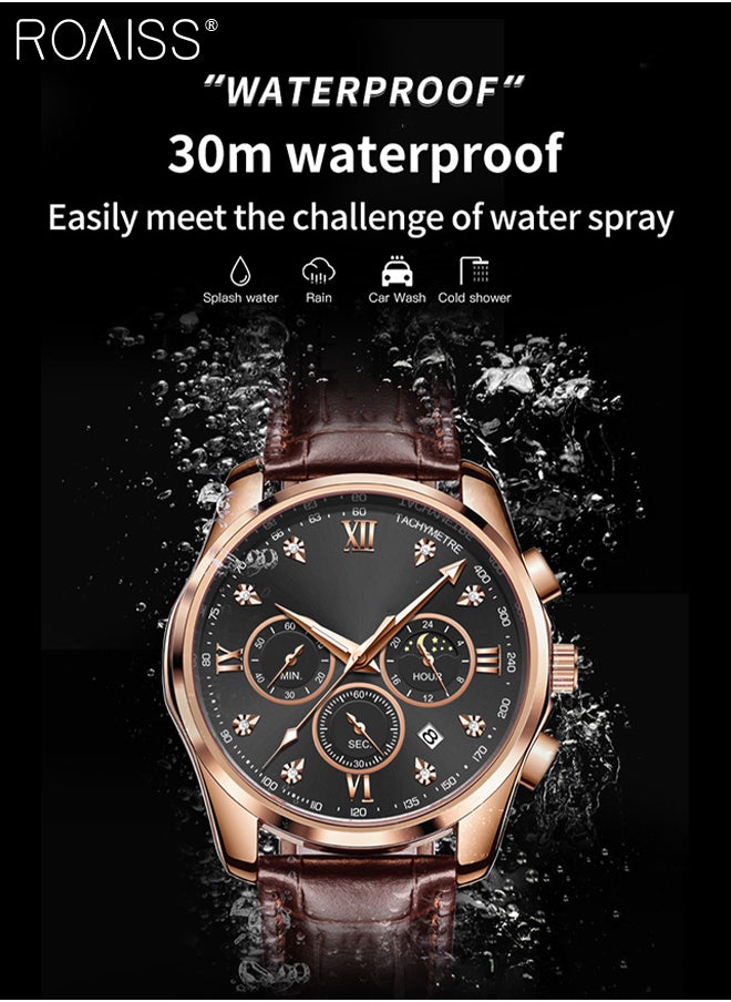 roaiss - Men's Leather Strap Chronograph Quartz Watch Round Black Dial with Moon Phase and Calendar Display Waterproof Luminous Wristwatch as Gift for Men - Image 1
