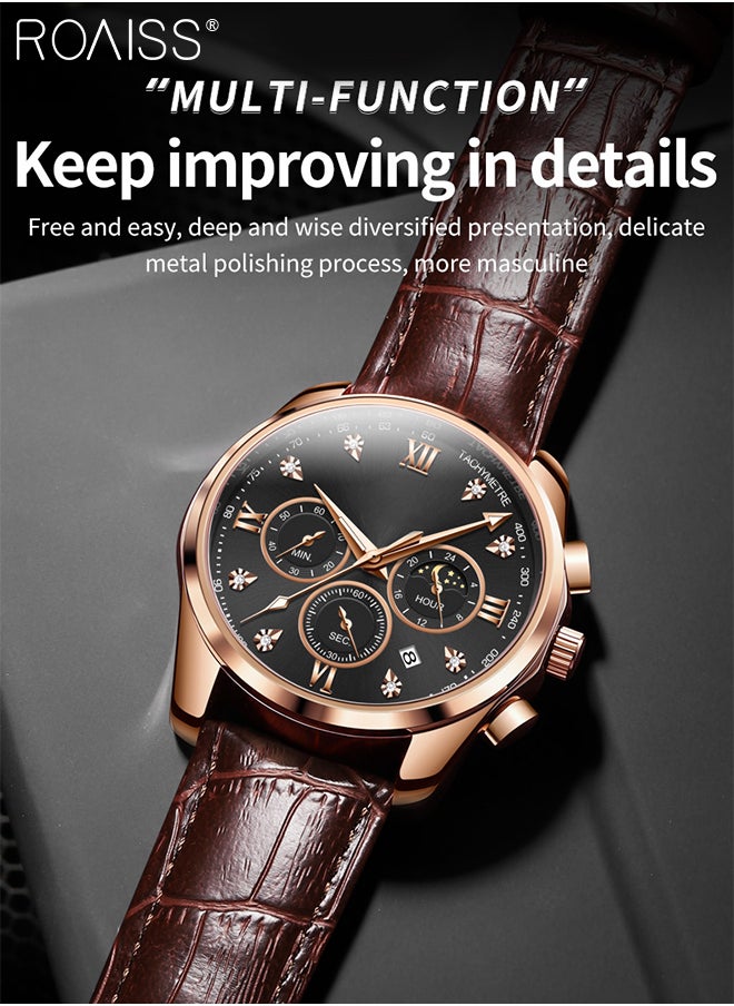 roaiss - Men's Leather Strap Chronograph Quartz Watch Round Black Dial with Moon Phase and Calendar Display Waterproof Luminous Wristwatch as Gift for Men - Image 1