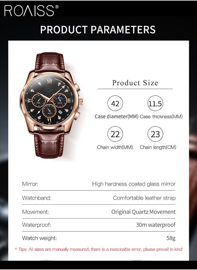 roaiss - Men's Leather Strap Chronograph Quartz Watch Round Black Dial with Moon Phase and Calendar Display Waterproof Luminous Wristwatch as Gift for Men - Image 1