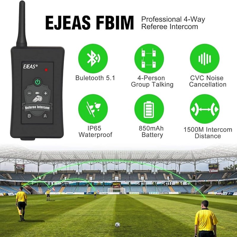 EJEAS FBIM Professional Football Accessories Referee Bluetooth Intercom Headset Communication System, 1500M 4 Person Online Intercom, CVC Noise Reduction, with Arm Pocket (1 Pack) - Image 3