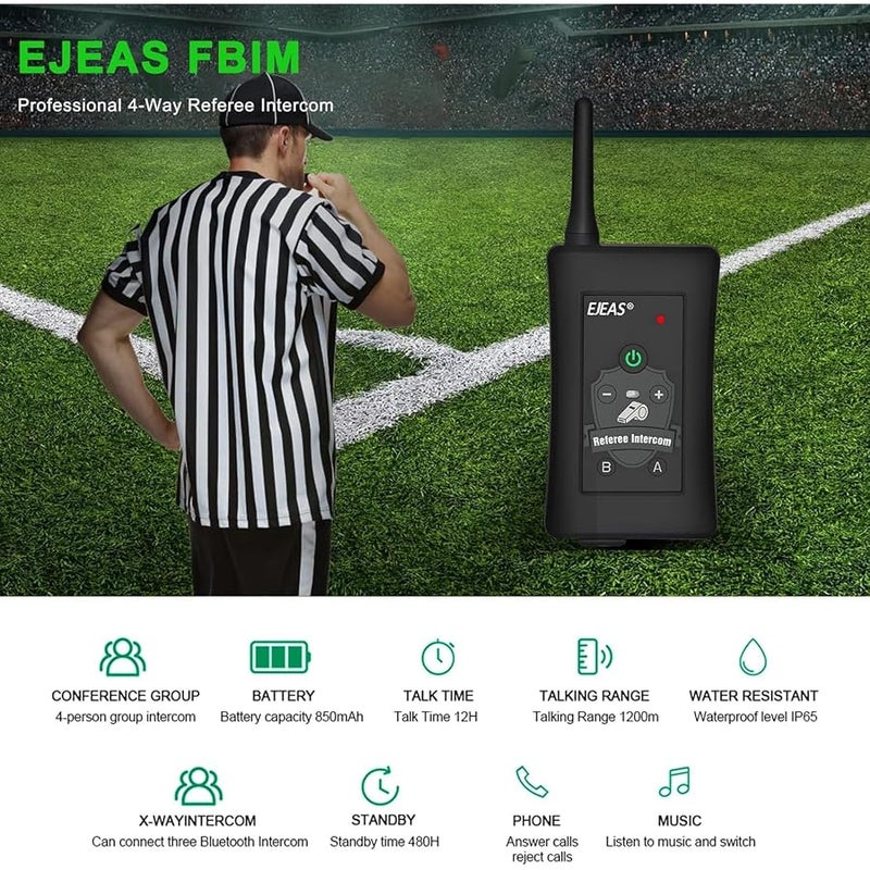 EJEAS FBIM Professional Football Accessories Referee Bluetooth Intercom Headset Communication System, 1500M 4 Person Online Intercom, CVC Noise Reduction, with Arm Pocket (1 Pack) - Image 2