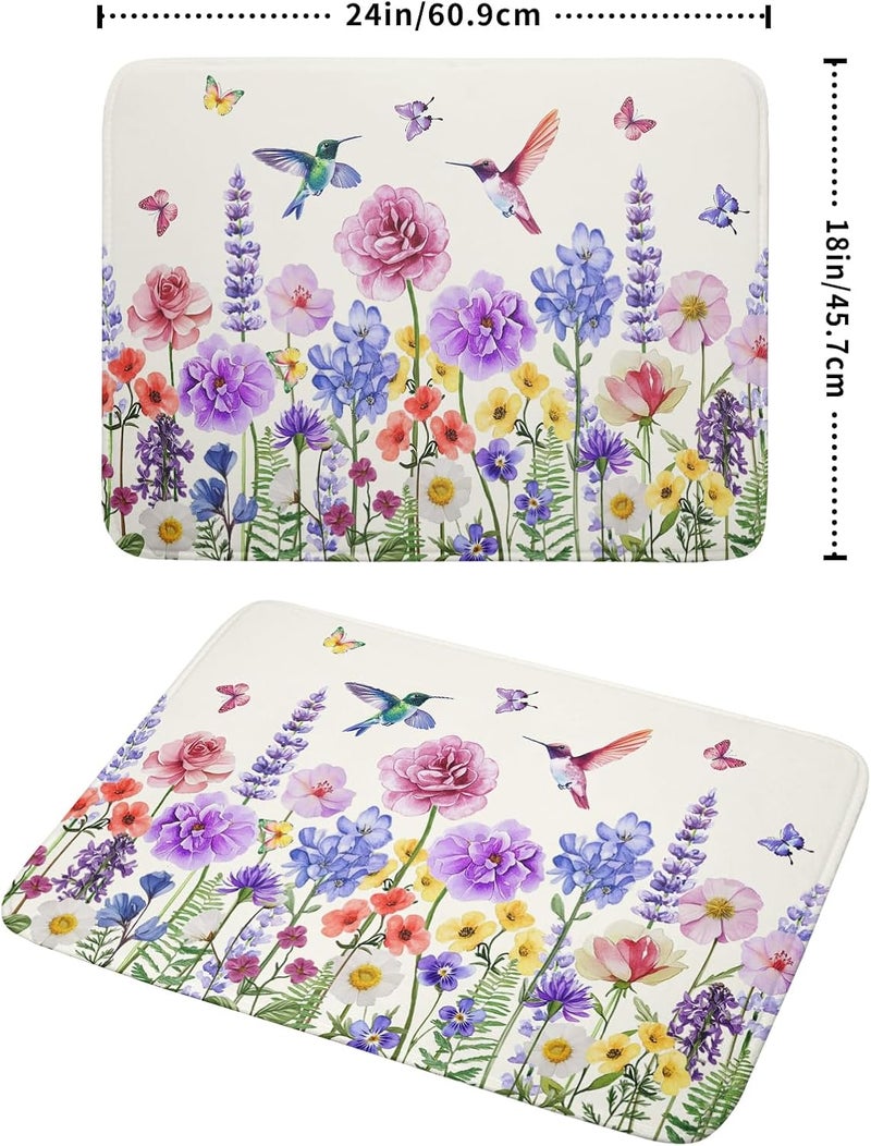 Giwawa Hummingbird Flower Dish Drying Mat 18x24 inch Watercolor Spring Herb Floral Dish Drainer Mats Wildflower Plant Reversible Microfiber Dish Drying Pad for Kitchen Countertop Large Decor - Image 2