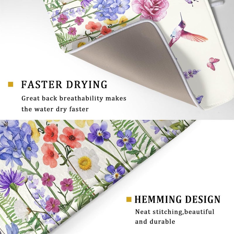 Giwawa Hummingbird Flower Dish Drying Mat 18x24 inch Watercolor Spring Herb Floral Dish Drainer Mats Wildflower Plant Reversible Microfiber Dish Drying Pad for Kitchen Countertop Large Decor - Image 3