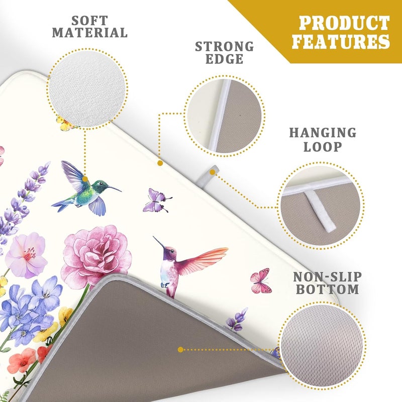 Giwawa Hummingbird Flower Dish Drying Mat 18x24 inch Watercolor Spring Herb Floral Dish Drainer Mats Wildflower Plant Reversible Microfiber Dish Drying Pad for Kitchen Countertop Large Decor - Image 4