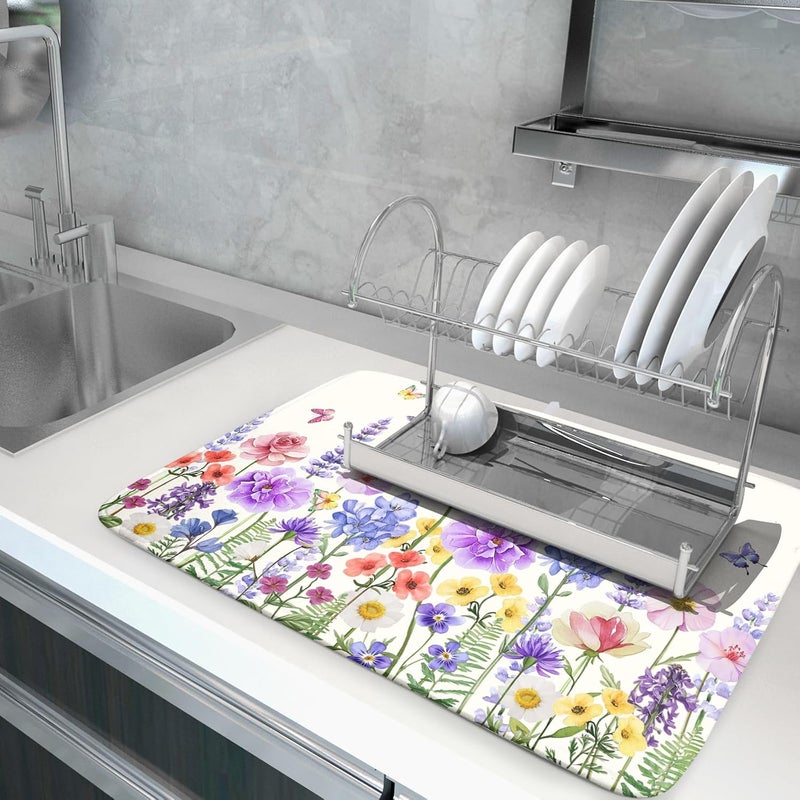 Giwawa Hummingbird Flower Dish Drying Mat 18x24 inch Watercolor Spring Herb Floral Dish Drainer Mats Wildflower Plant Reversible Microfiber Dish Drying Pad for Kitchen Countertop Large Decor - Image 5