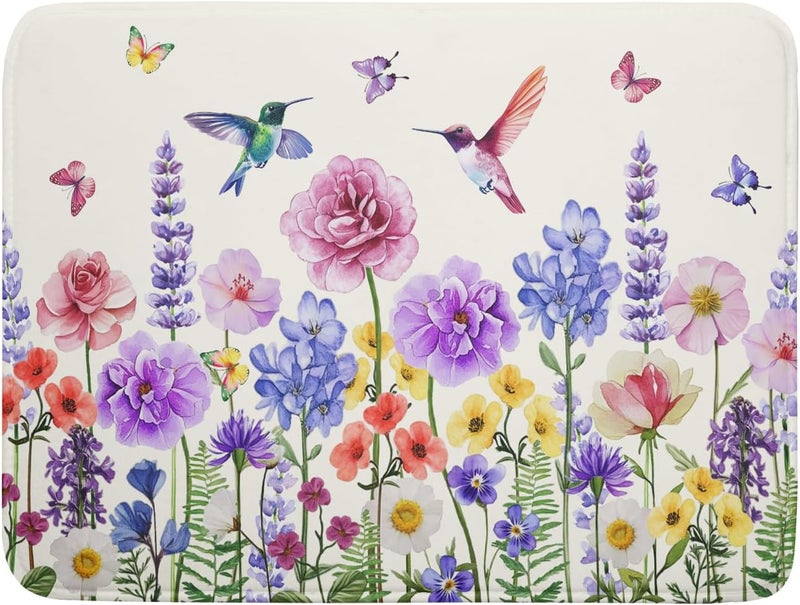 Giwawa Hummingbird Flower Dish Drying Mat 18x24 inch Watercolor Spring Herb Floral Dish Drainer Mats Wildflower Plant Reversible Microfiber Dish Drying Pad for Kitchen Countertop Large Decor - Image 1