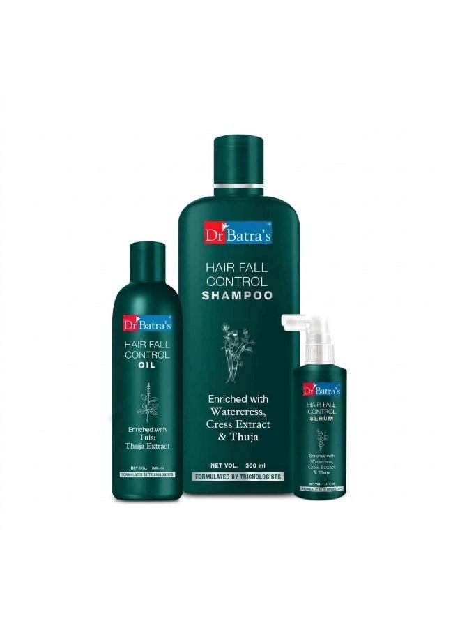 Dr Batra's Hair Fall Control Kit | Serum - 125 ml | Hair Fall Control Oil - 200 ml | Hair Fall Control Shampoo - 500 ml | Clinically Approved | For Men and Women | Trusted by Trichologists - Image 1