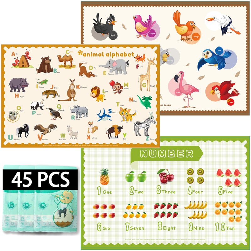 KAshack 45 Pack Sticky Disposable Placemats for Baby & Toddlers,Toddler Placemat 12"x18" Kids Table Mat for Party, Picnic Table, Restaurants Dining Table Travel Essentials for Toddlers with 3 Designs - Image 1