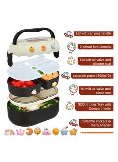 SYOSI 2 Pcs Kawaii Bento Box Leakproof Stackable Lunch Container with 3 Compartments Portable Preschool Lunch Box Container with Handle Microwave Safe Lunchbox Snack Food Box with Stickers for Kids Picnic  - Image 4