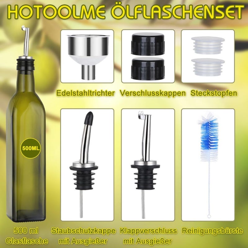 HOTOOLME Olive Oil Bottles Vinegar Glass Dispenser 2 Pack for Kitchen Cruet Set with Spouts,Funnel,Cleaning Brush,Stoppers and Caps - Image 2