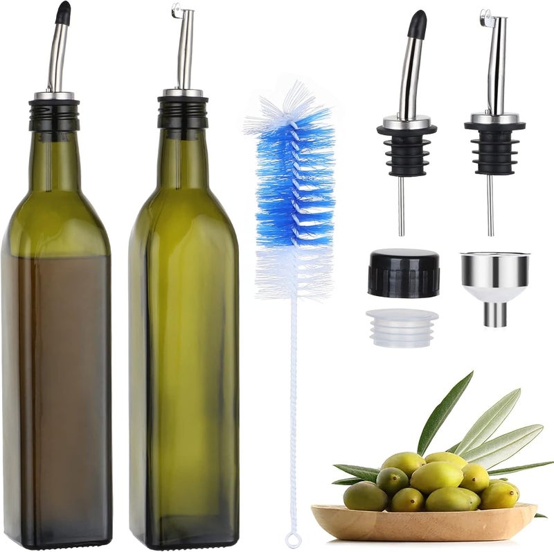 HOTOOLME Olive Oil Bottles Vinegar Glass Dispenser 2 Pack for Kitchen Cruet Set with Spouts,Funnel,Cleaning Brush,Stoppers and Caps - Image 1
