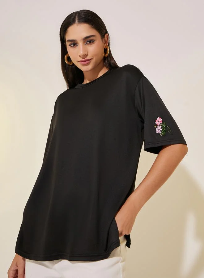 Take Two Round Neck Sleeve Embroidered Detail T-Shirt