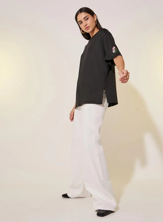 Take Two Round Neck Sleeve Embroidered Detail T-Shirt