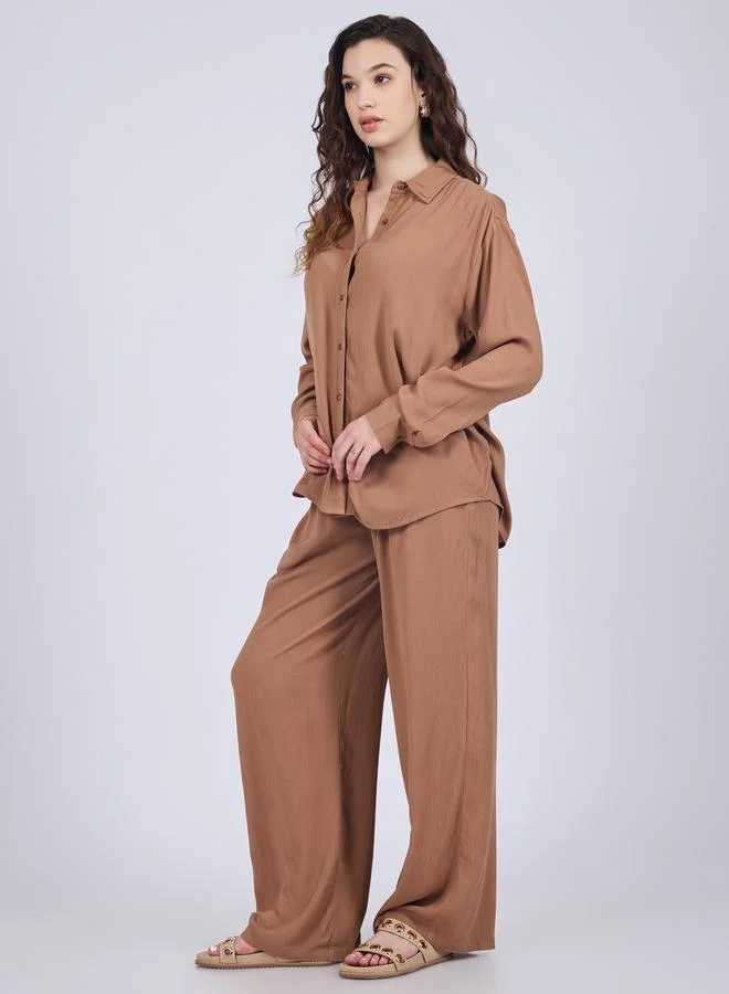 Outzidr  Brown Relaxed Fit Shirt and Pants Co-Ords for Women | Best Price UAE