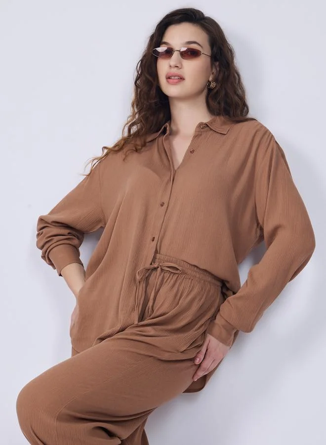 Outzidr  Brown Relaxed Fit Shirt and Pants Co-Ords for Women | Best Price UAE