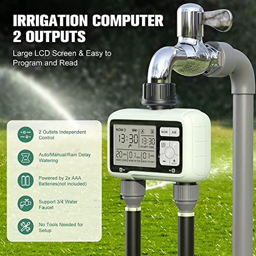 Pinolex® Sprinkler Digital Water Timer 2 Zone for Garden Farming Plants Hose Faucet Outlet Programmable Home Irrigation Taps System Controller Flow with Child Lock Mode Auto & Manual Off Rain Delay - Image 2