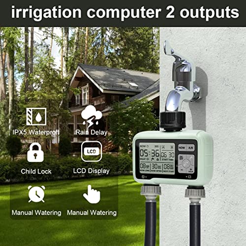 Pinolex® Sprinkler Digital Water Timer 2 Zone for Garden Farming Plants Hose Faucet Outlet Programmable Home Irrigation Taps System Controller Flow with Child Lock Mode Auto & Manual Off Rain Delay - Image 4