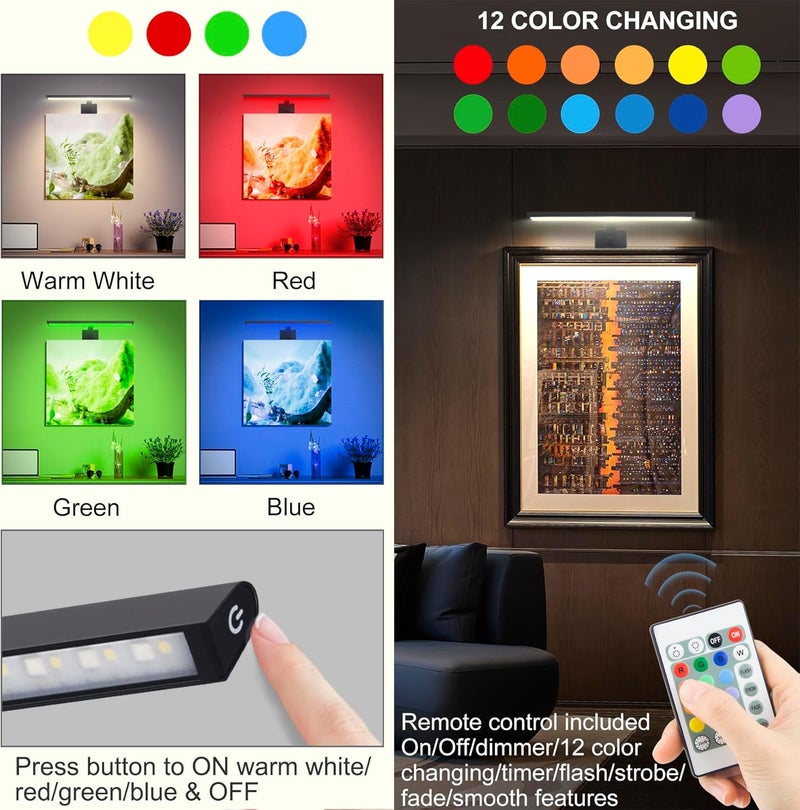 BIGMONAT 16inch Wireless LED Picture Light with Remote, USB Rechargeable Battery Operated Painting Light, Color Changing Art Display for Wall with Timer,Dimmable Art Light for Paintings,Frame,Portrait - Image 3