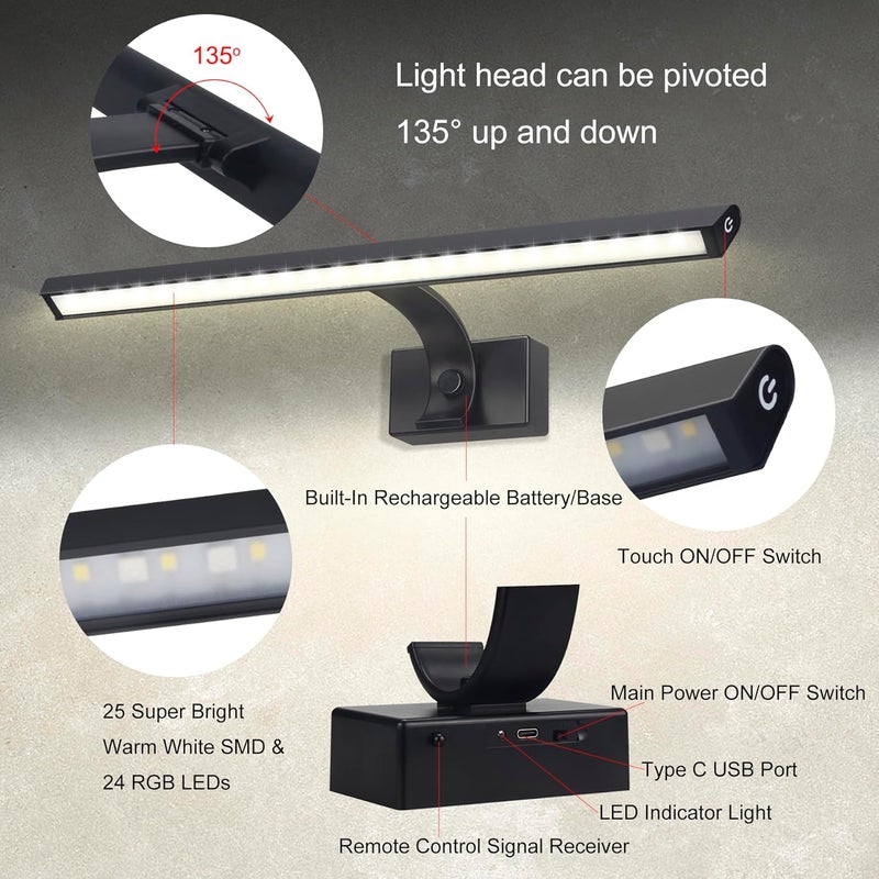 BIGMONAT 16inch Wireless LED Picture Light with Remote, USB Rechargeable Battery Operated Painting Light, Color Changing Art Display for Wall with Timer,Dimmable Art Light for Paintings,Frame,Portrait - Image 2
