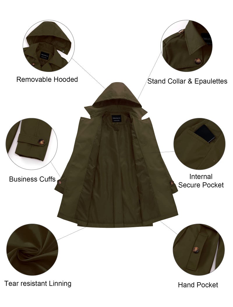 CREATMO US Trench Coats Long For Women Fashion With Detachable Hood Army Green M - Image 5