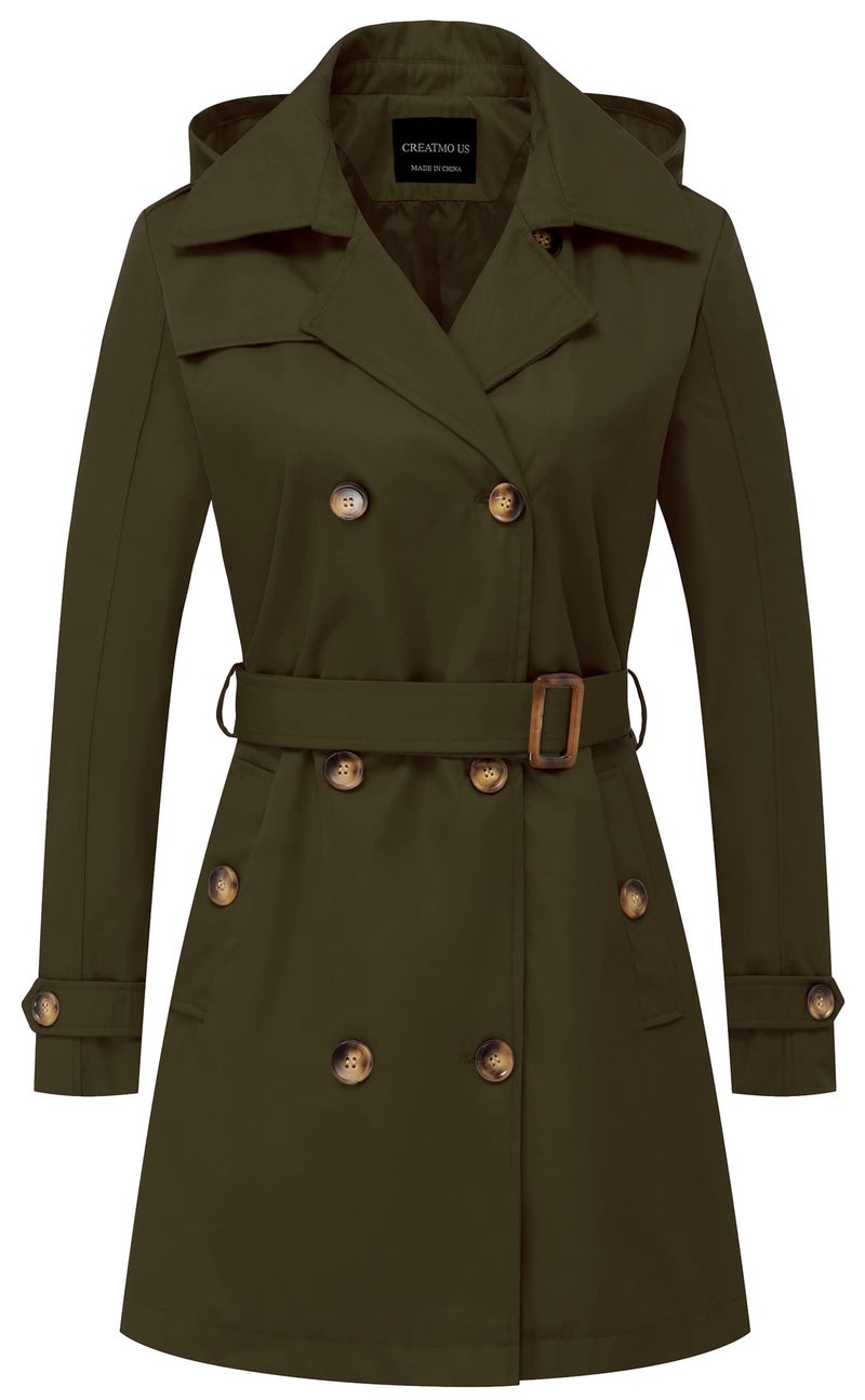 CREATMO US Trench Coats Long For Women Fashion With Detachable Hood Army Green M - Image 1