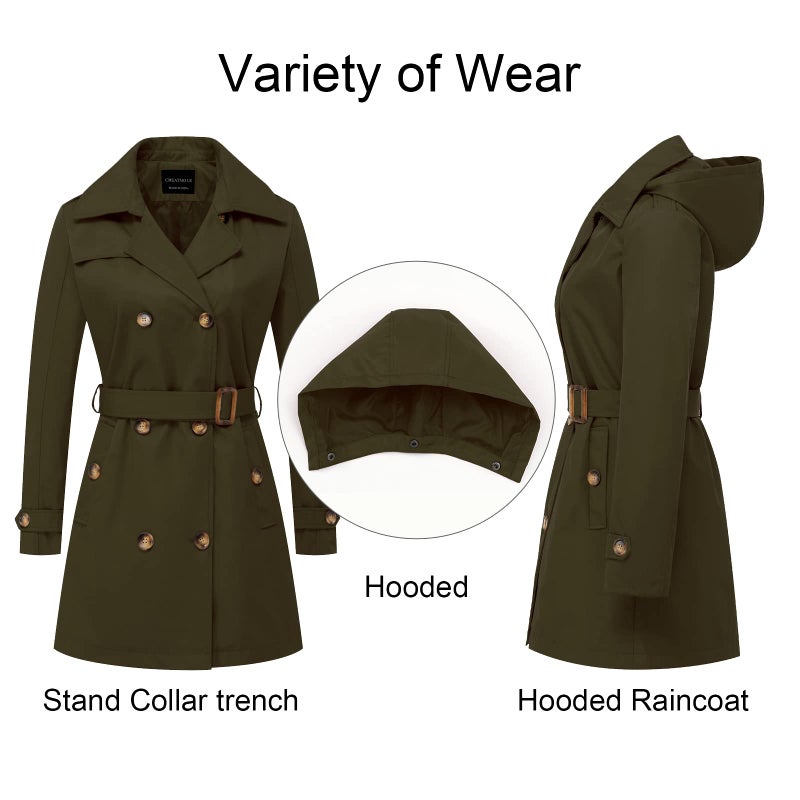 CREATMO US Trench Coats Long For Women Fashion With Detachable Hood Army Green M - Image 3