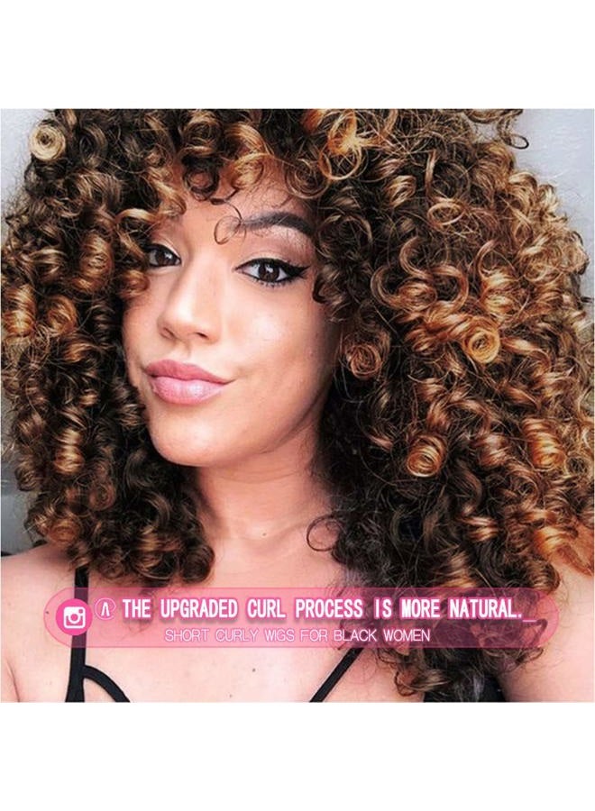rosmile Curly Wigs for Black Women - Ombre Brown Synthetic African American Full Kinky Curly Afro Hair Wig with Bangs - Image 2