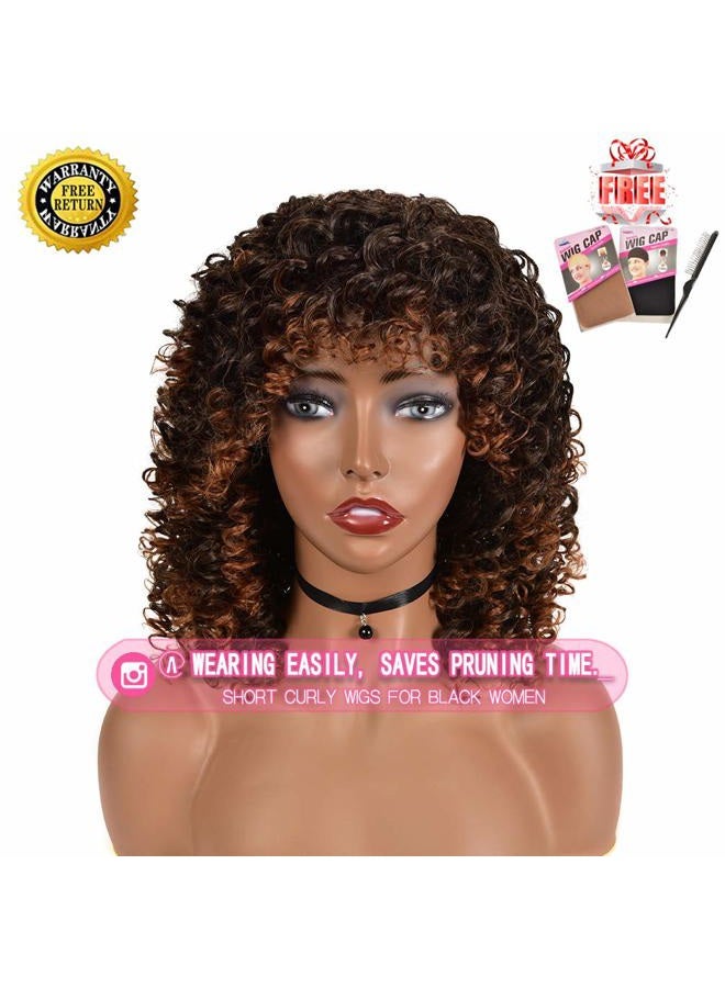 rosmile Curly Wigs for Black Women - Ombre Brown Synthetic African American Full Kinky Curly Afro Hair Wig with Bangs - Image 3