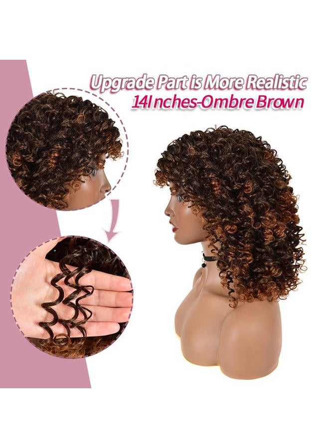 rosmile Curly Wigs for Black Women - Ombre Brown Synthetic African American Full Kinky Curly Afro Hair Wig with Bangs - Image 4