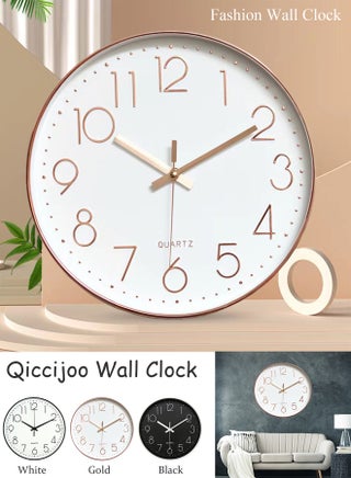 Qiccijoo Wall Clock 12-inch Silent Non-Ticking Round Wall Clocks Battery Operated Easy to Read for Living Room Home Office School(Gold) - view 3