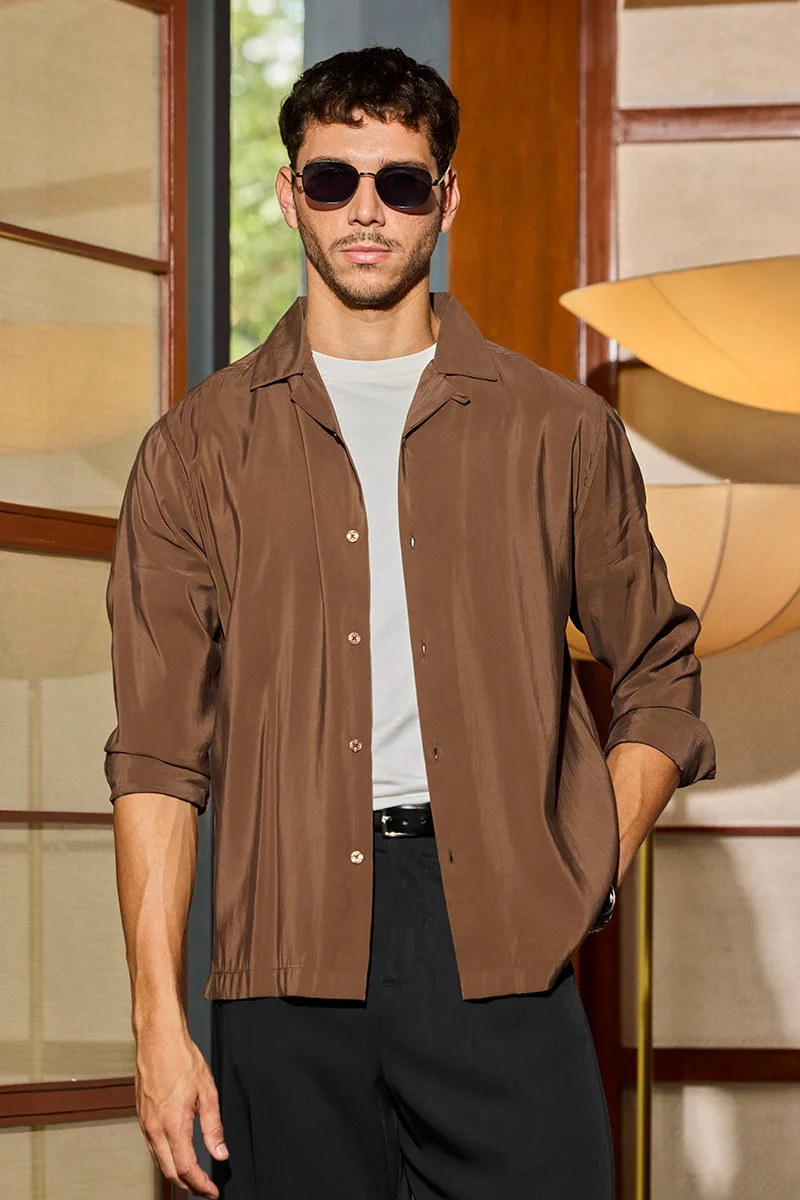سنيتش Brown Solid Long Sleeve Boxy Shirt