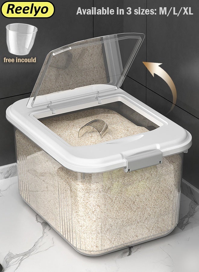 Reelyo Rice Bucket, Clear Plastic Grain Bucket with Measuring Cup, Sealed Household Grain Storage Bucket Transparent Square Rice Storage Box Kitchen Rice Bucket Grain Cereal Dispenser Sealed Storage Box with Lid - Image 1