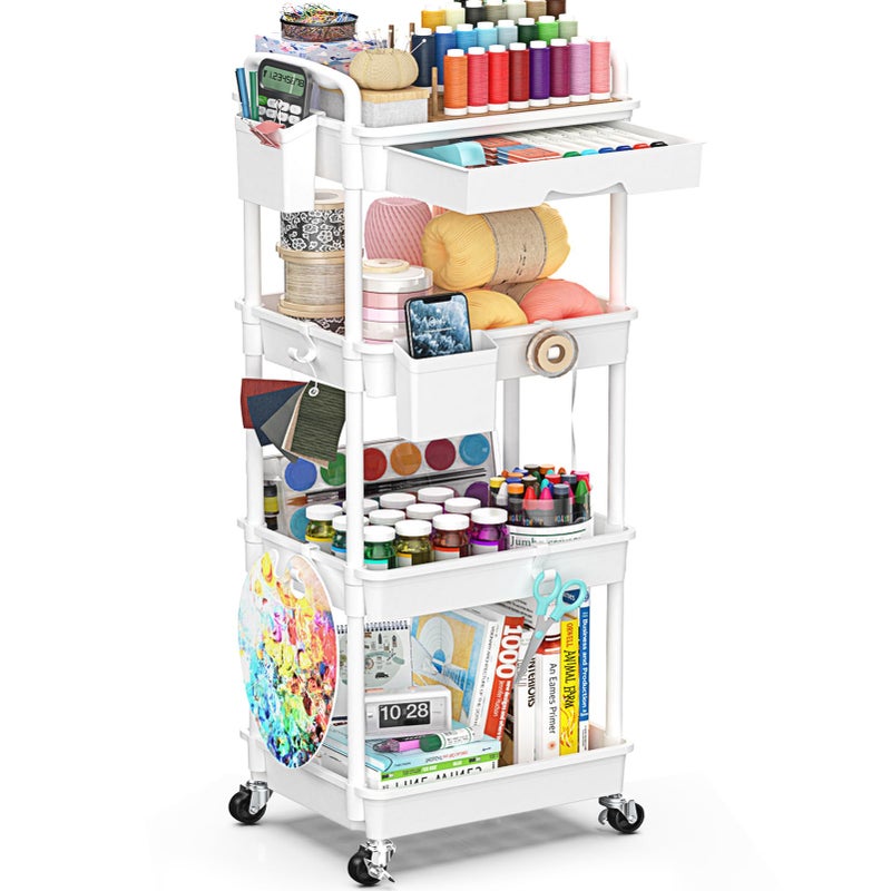 SUNALLY 4 Tier Rolling Utility Cart with Drawer Storage Organizer Cart with 2 Lockable Wheels Multifunctional Rolling Storage Cart for Bathroom Kitchen Craft Makeup Baby Essentials White