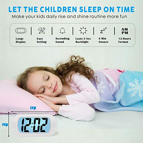 Plumeet Kids Alarm Clock Large Digital LCD Travel Alarm Clocks with Snooze and Night Light - Ascending Sound and Handheld Size - Best Gift for Kids (White) - Image 2